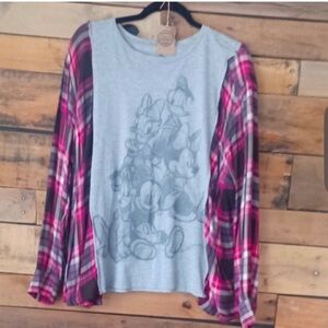 Upcycled Disney sketch Gray and Pink Plaid Sleeve Graphic Top oversized